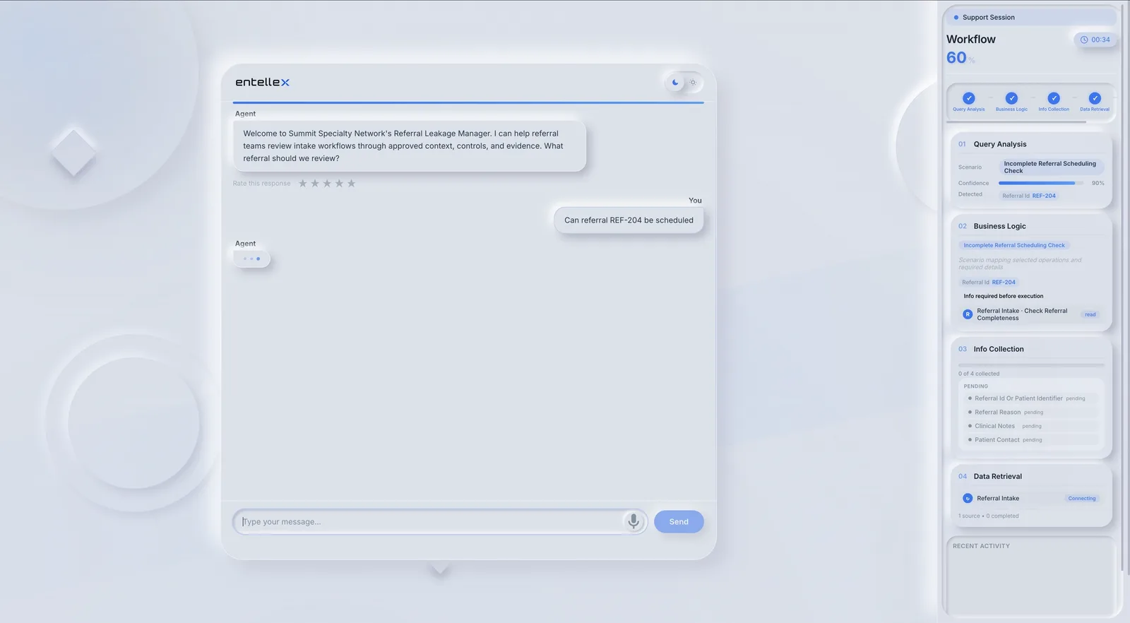 Entellex referral operation showing the missing-details control before scheduling.