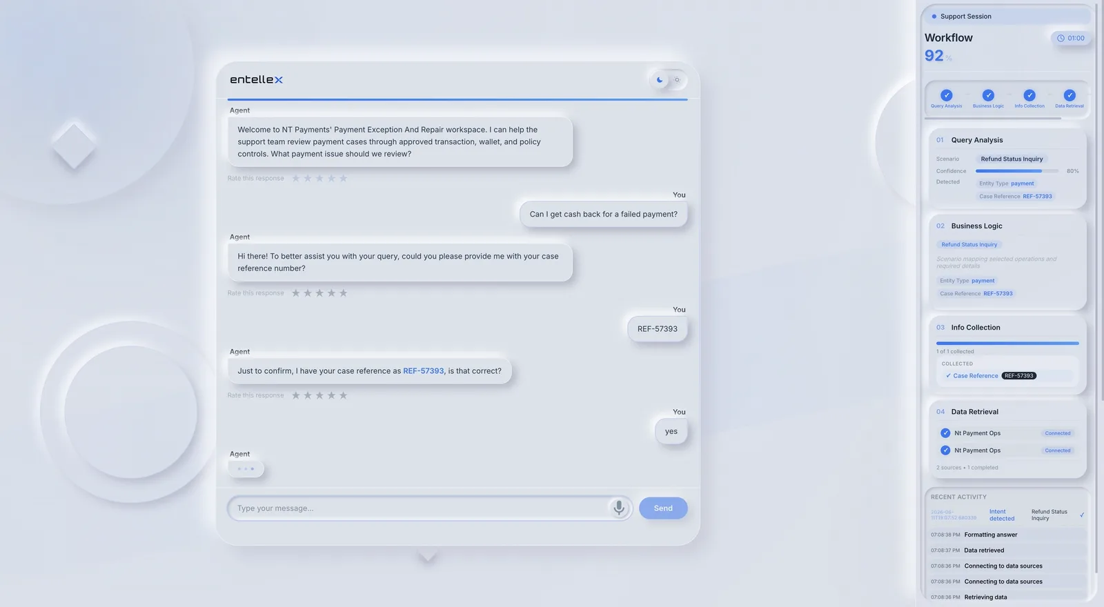 ResolveDesk payment-support workspace showing a controlled workflow, verified case reference, policy checks, approved data retrieval, and recent activity.