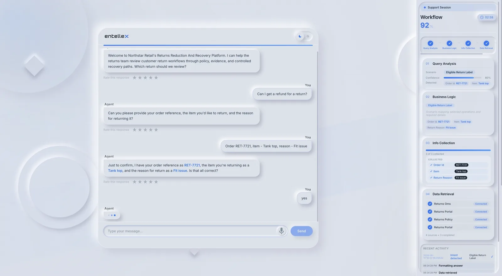 AI operation workspace showing workflow progress, controlled context capture, approved data retrieval, and recent activity.