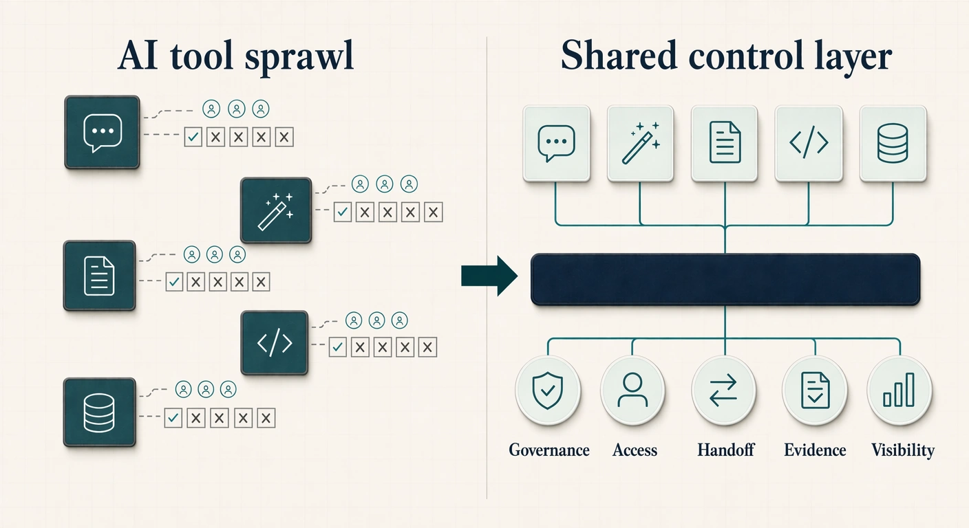AI sprawl versus Entellex shared control-layer diagram comparing disconnected AI tools with reusable governance, handoff, access, evidence, and visibility.