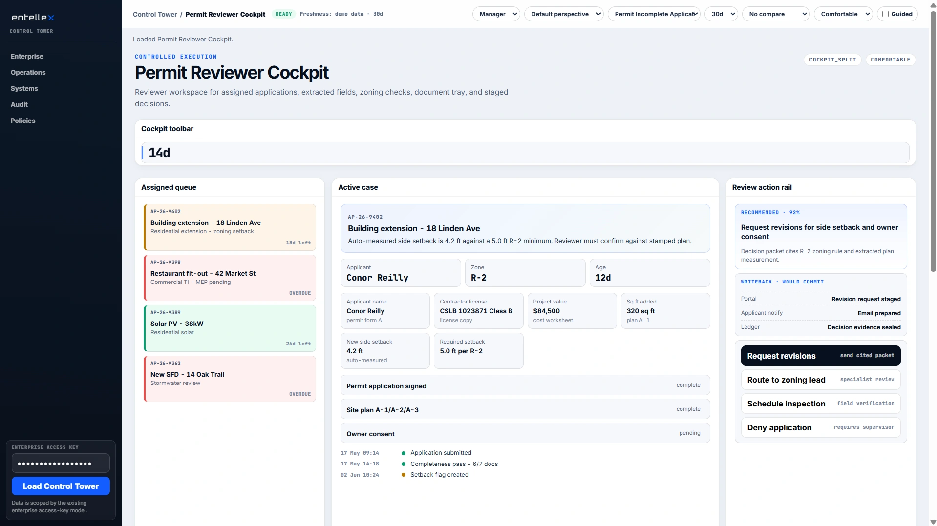 Permit Reviewer Cockpit showing the assigned queue, active permit case, review actions, and decision evidence.